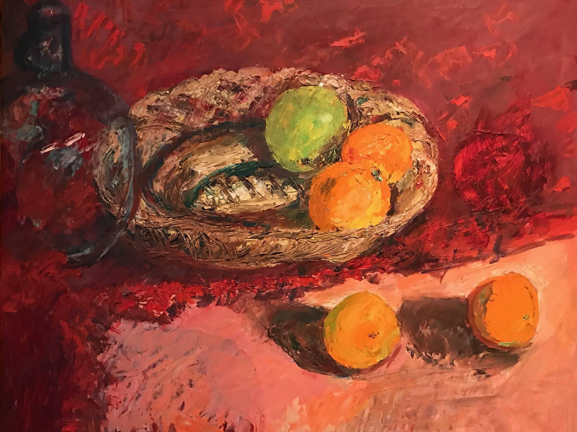Unknown Still-Life Painting - Mid 20thC English Post-Impressionist Still Life Oil - Apple & Oranges
