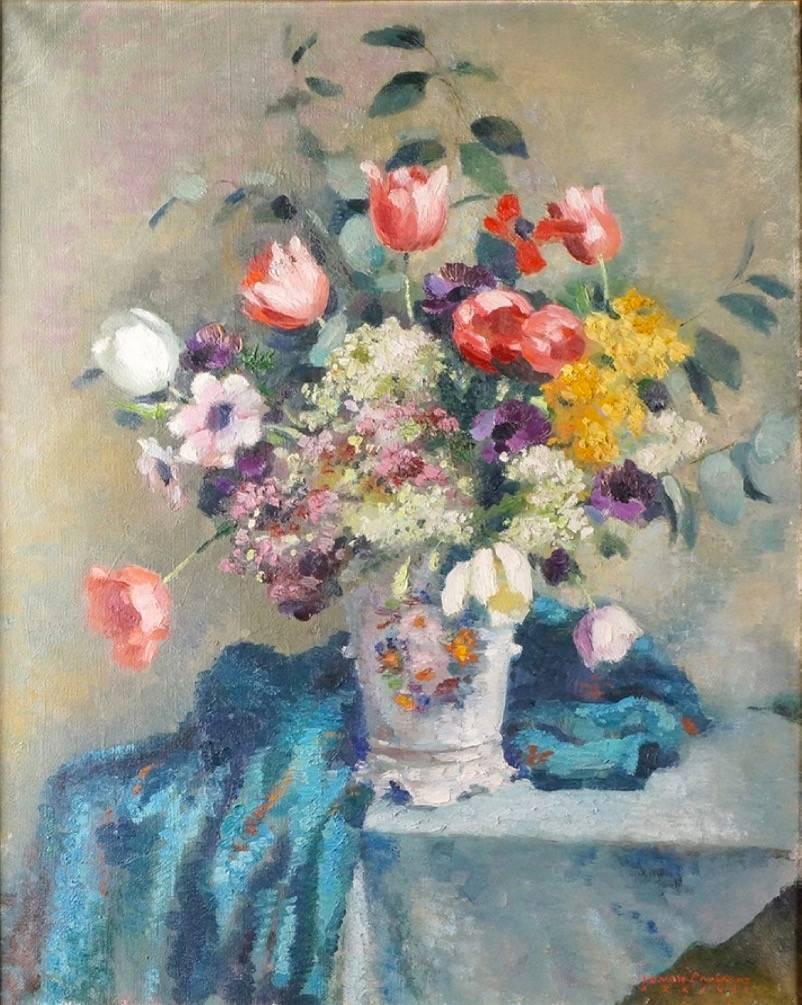 Jean Dominique van Caulaert Still-Life Painting - Vase de Fleurs - 1940's French Impressionist Flower Painting - Listed Artist