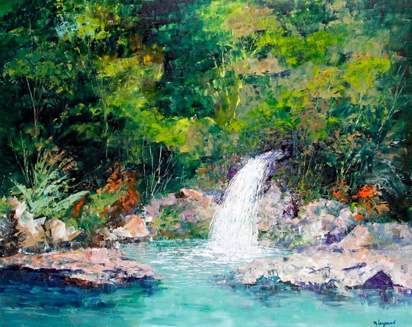 Maurice Legrand Landscape Painting - Cascading Waterfall River Kwai Thailand - French Post-Impressionist oil