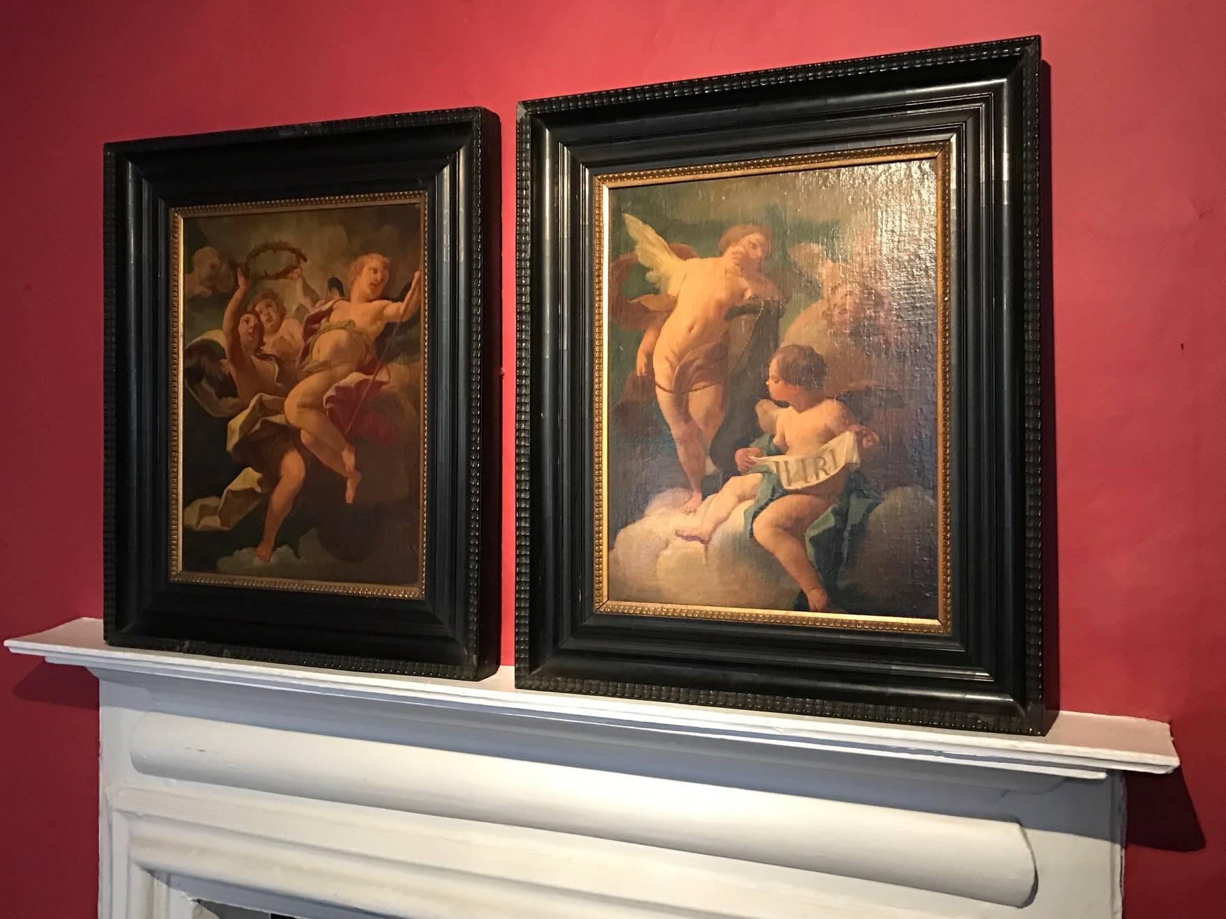 Unknown Figurative Painting - 18th Century French Rococo Pair Oil Paintings Cherubs - Old Masters