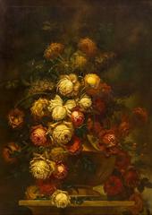 Fine Large 19th Century Italian Still Life Oil Painting - Roses in Ornate Bowl