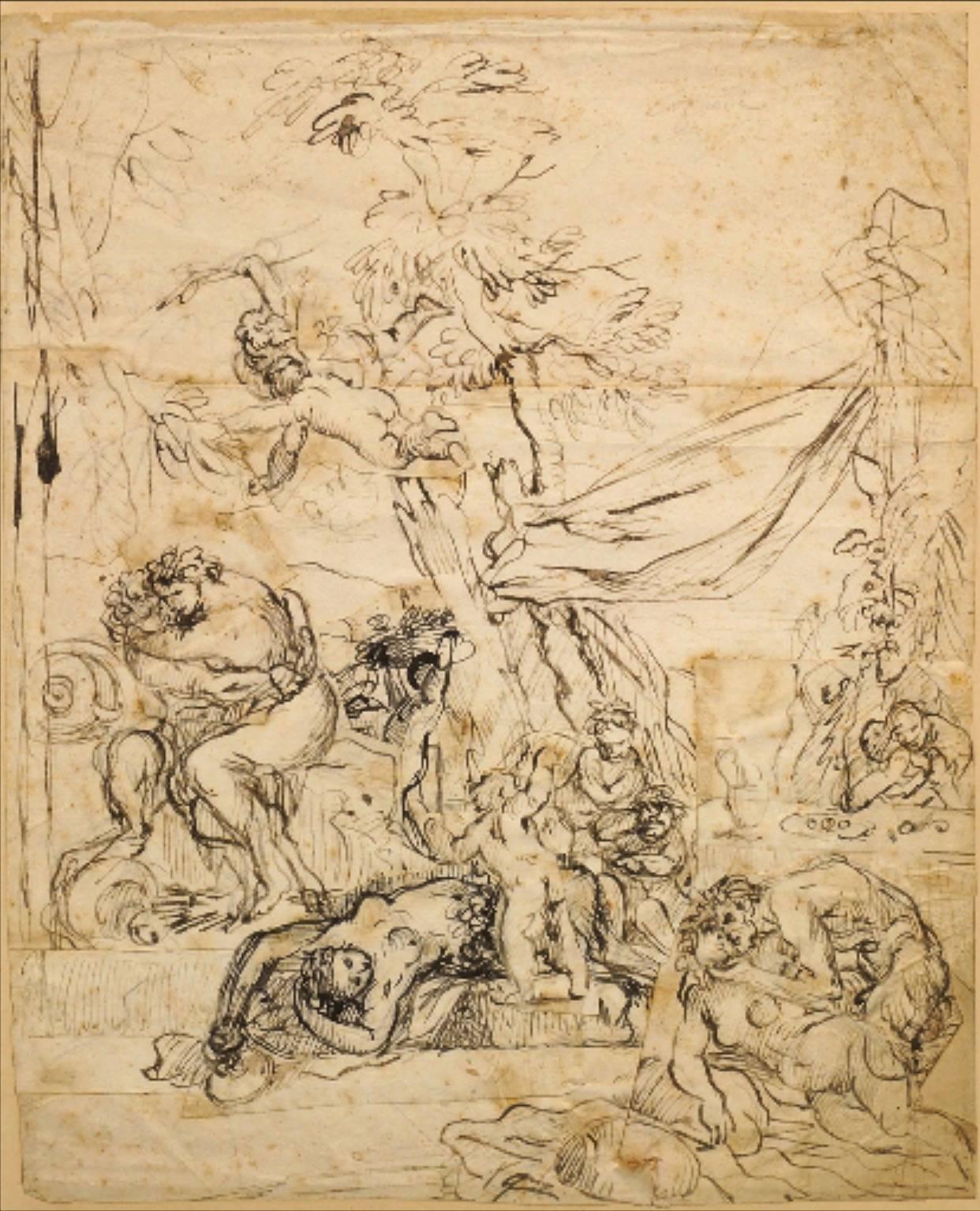 Unknown Nude - 17th Century Flemish Old Master Drawing - Erotic Orgy Scene