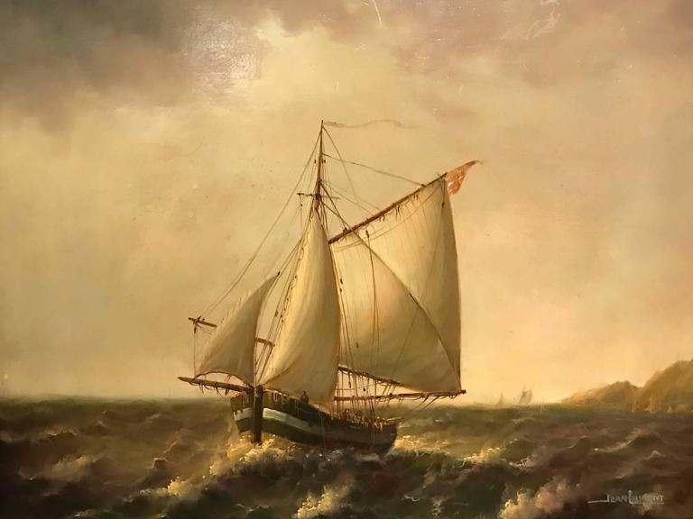 Jean Laurent Fine French Marine Oil Painting Fishing Boat on Rough