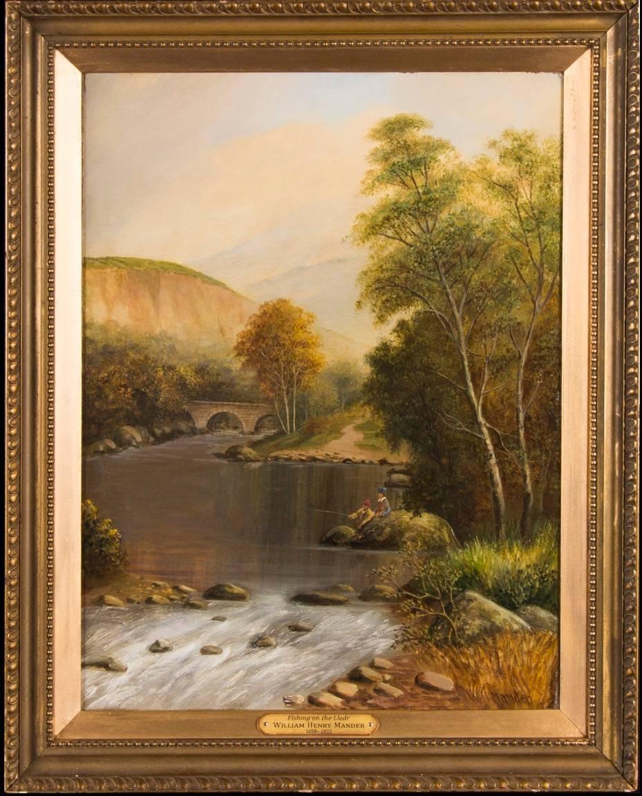 William Henry Mander Landscape Painting - Fishing on the Lledr - Fine Victorian Oil Painting on Canvas