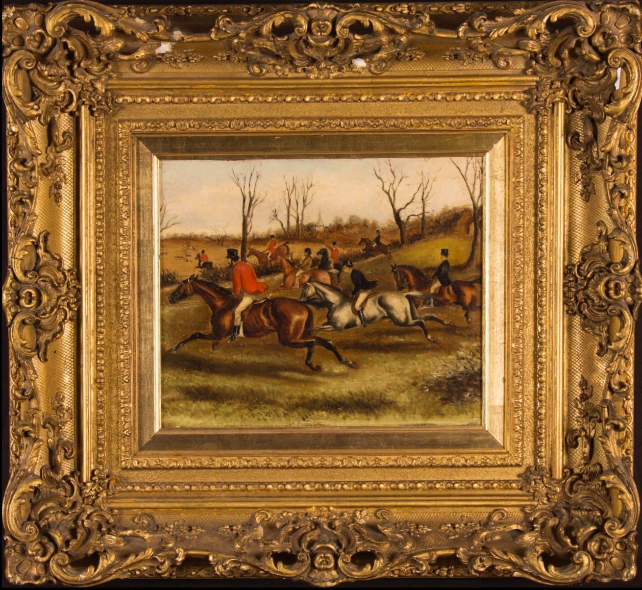 Unknown Animal Painting - Victorian English Hunting Scene Oil Painting - Amazing Gilt Frame