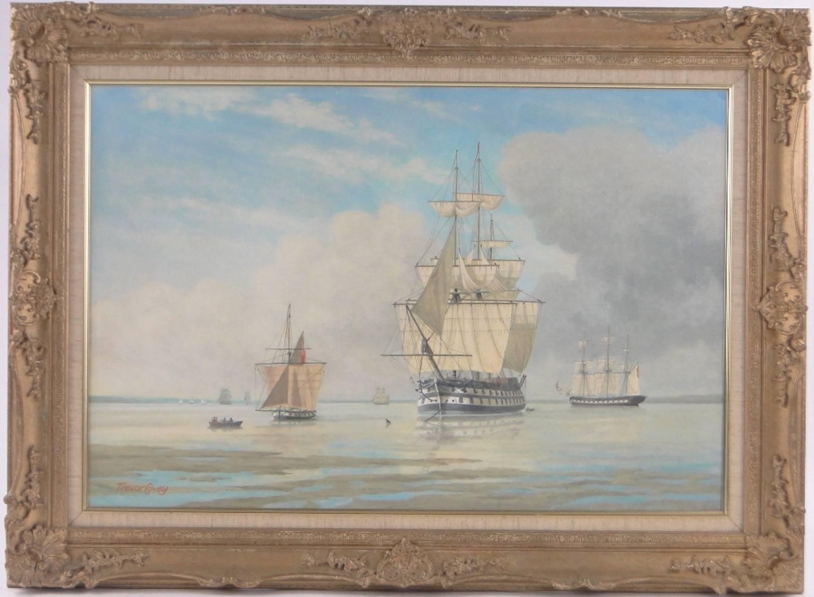 Very fine quality English maritime oil painting depicting this tranquil and calm seascape with 18th century Battle Ships off the coast. The painting is by the 20th century British marine painter, Trevor Covey (b.1936) and is signed to the lower