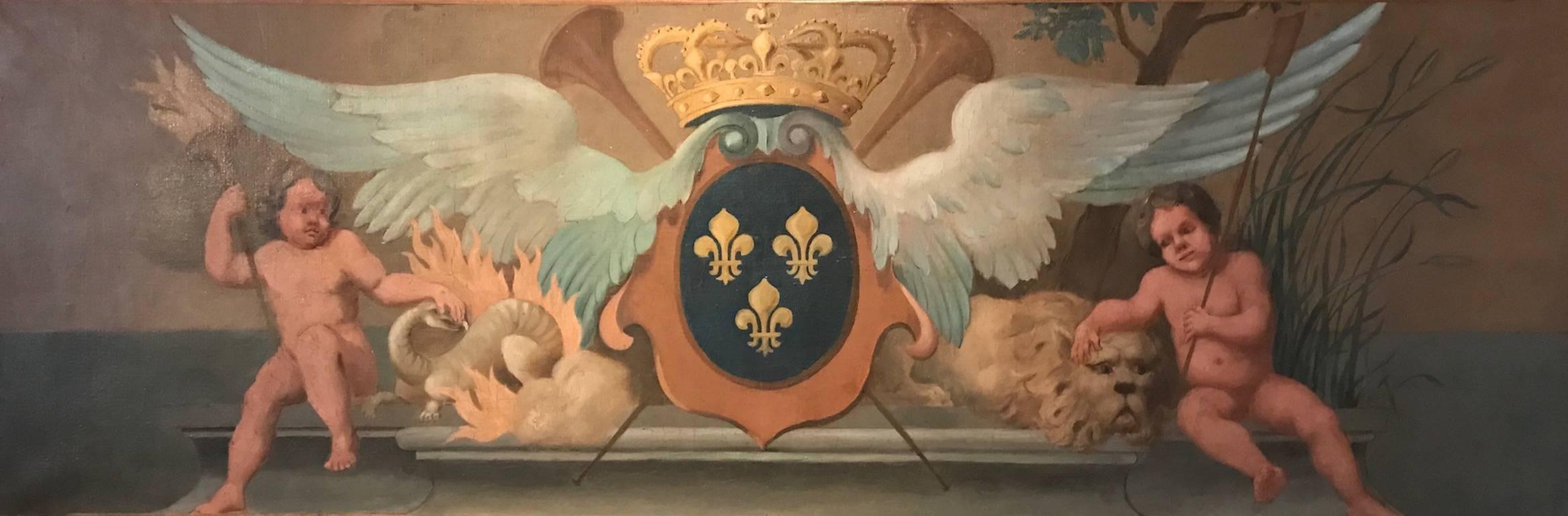 Unknown Animal Painting - Huge 18th Century French Rococo Oil Painting Heraldic Crest Angelic Wings