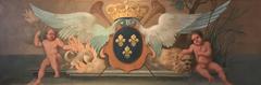 Antique Huge 18th Century French Rococo Oil Painting Heraldic Crest Angelic Wings