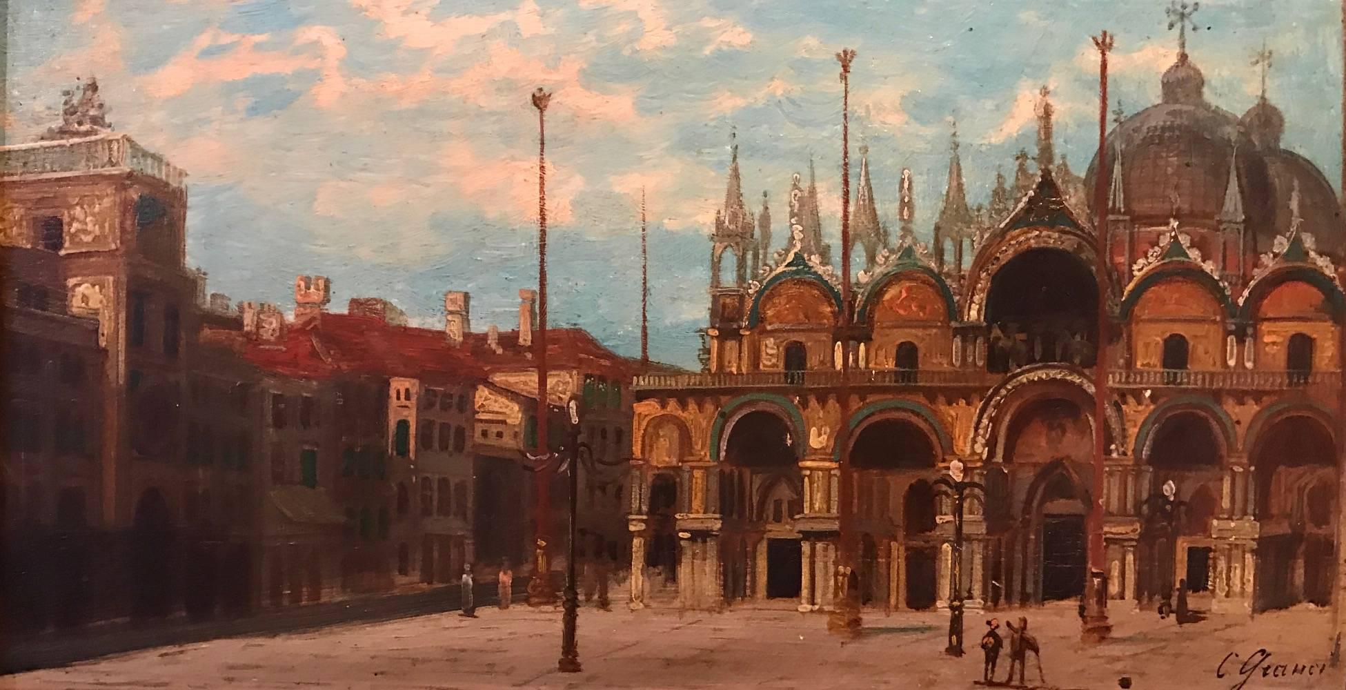 Unknown Landscape Painting - Piazza San Marco - 19th Century Italian Oil Painting St. Marks Basilica Signed