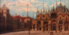 Piazza San Marco - 19th Century Italian Oil Painting St. Marks Basilica Signed