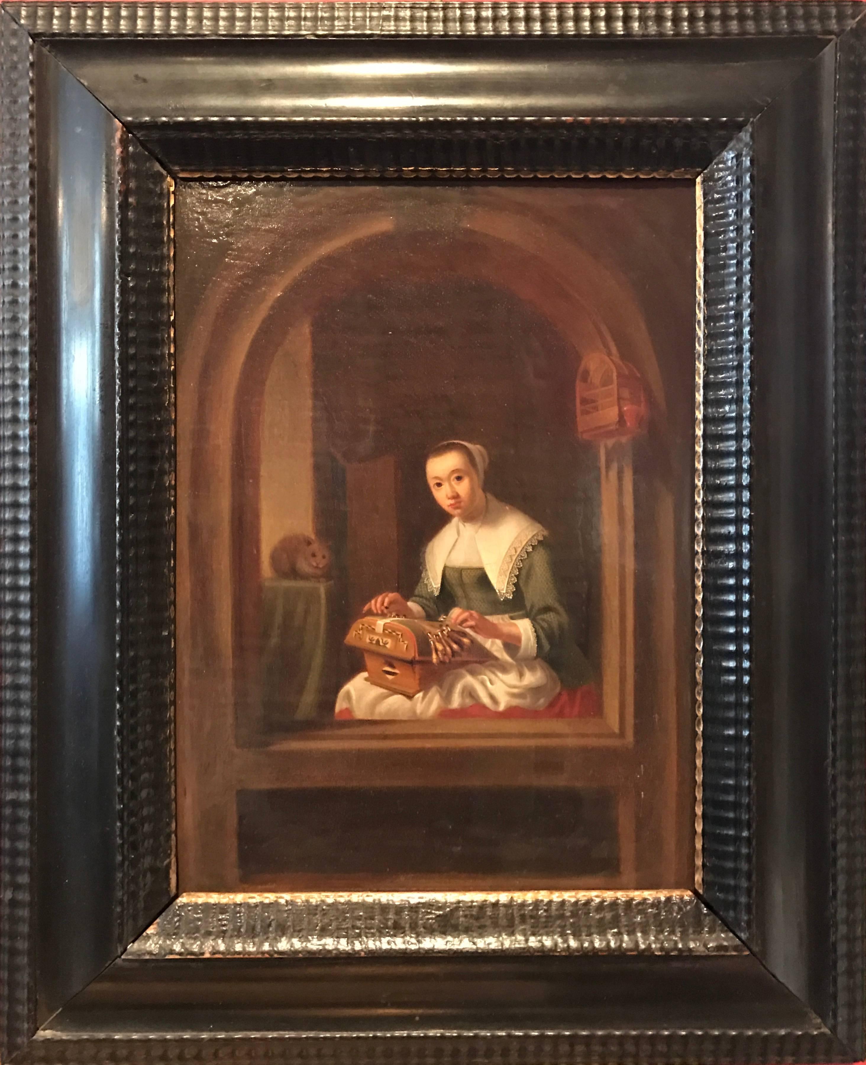 Unknown Portrait Painting - Fine 1700's Dutch Old Master Oil Painting Lady Sewing in Arched Window with Cat