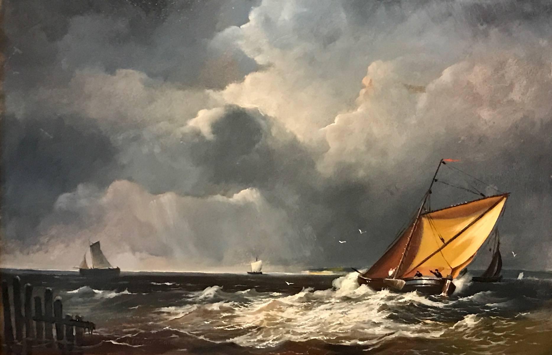 Robert Dumont-Smith Landscape Painting - Fine British Maritime Oil Painting - Shipping in Rough Seas - Signed