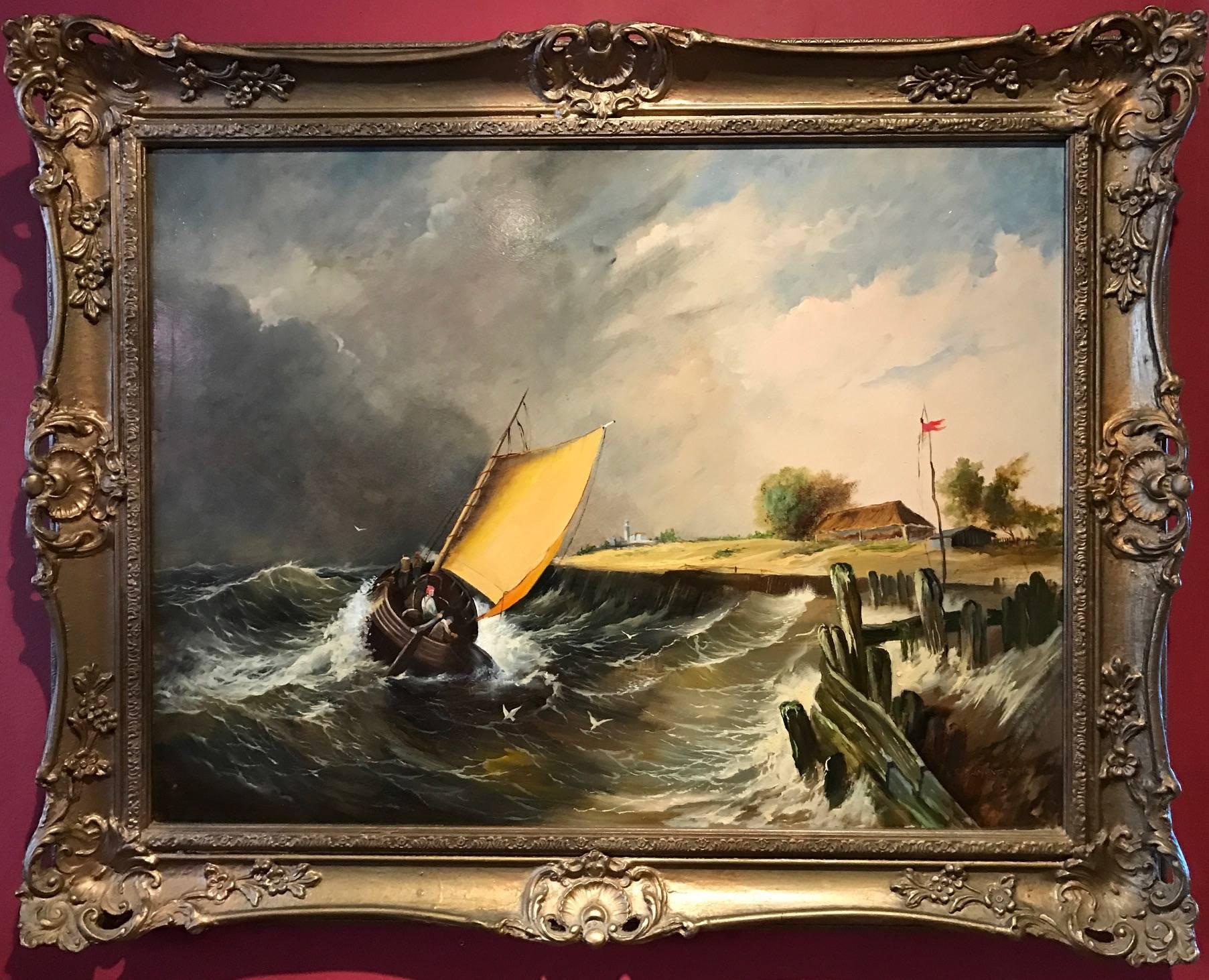 Robert Dumont-Smith Landscape Painting - Fine British Maritime Oil Painting - Fishing Boat on Rough Seas - Signed