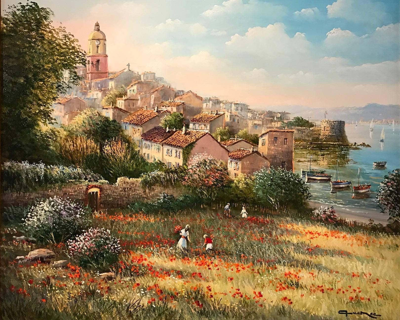 Raymond Quence Landscape Painting - St. Tropez Poppy Fields & Old Town - Large French Impressionist Oil Painting