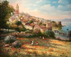 Vintage St. Tropez Poppy Fields & Old Town - Large French Impressionist Oil Painting