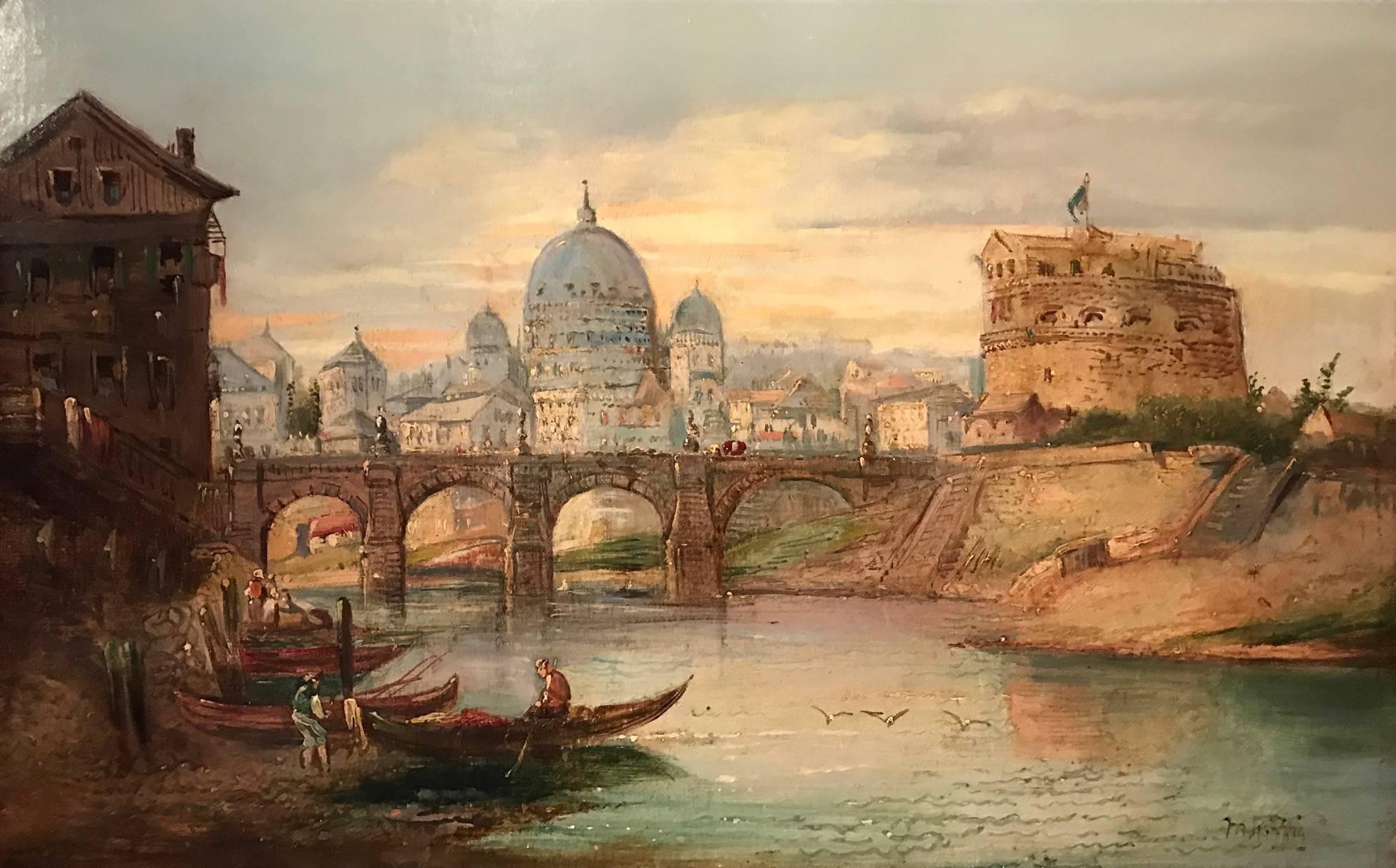Unknown St. Peters Rome from the Tiber 19th Century Italian Oil