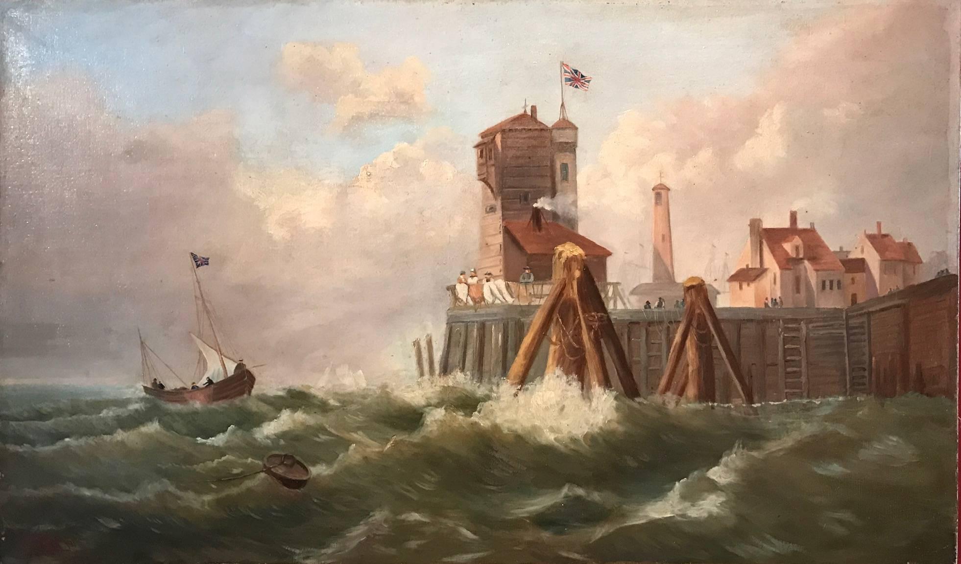 Abraham Hulk the Younger Landscape Painting - 19th Century British Maritime Oil Painting Shipping in Rough Seas - Old Port