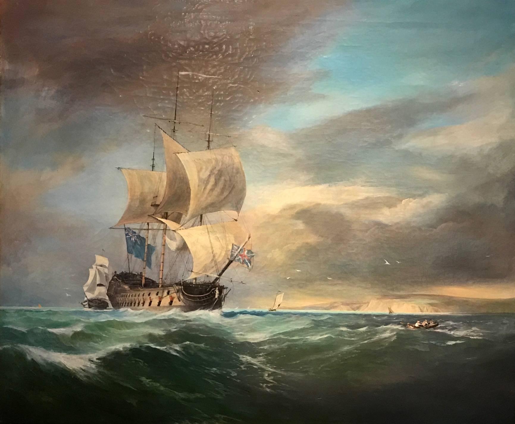 Unknown Landscape Painting - HMS Victory off the English Coast - Fine Antique British Oil Painting - Signed