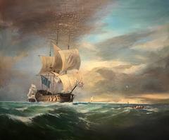 HMS Victory off the English Coast - Fine Antique British Oil Painting - Signed