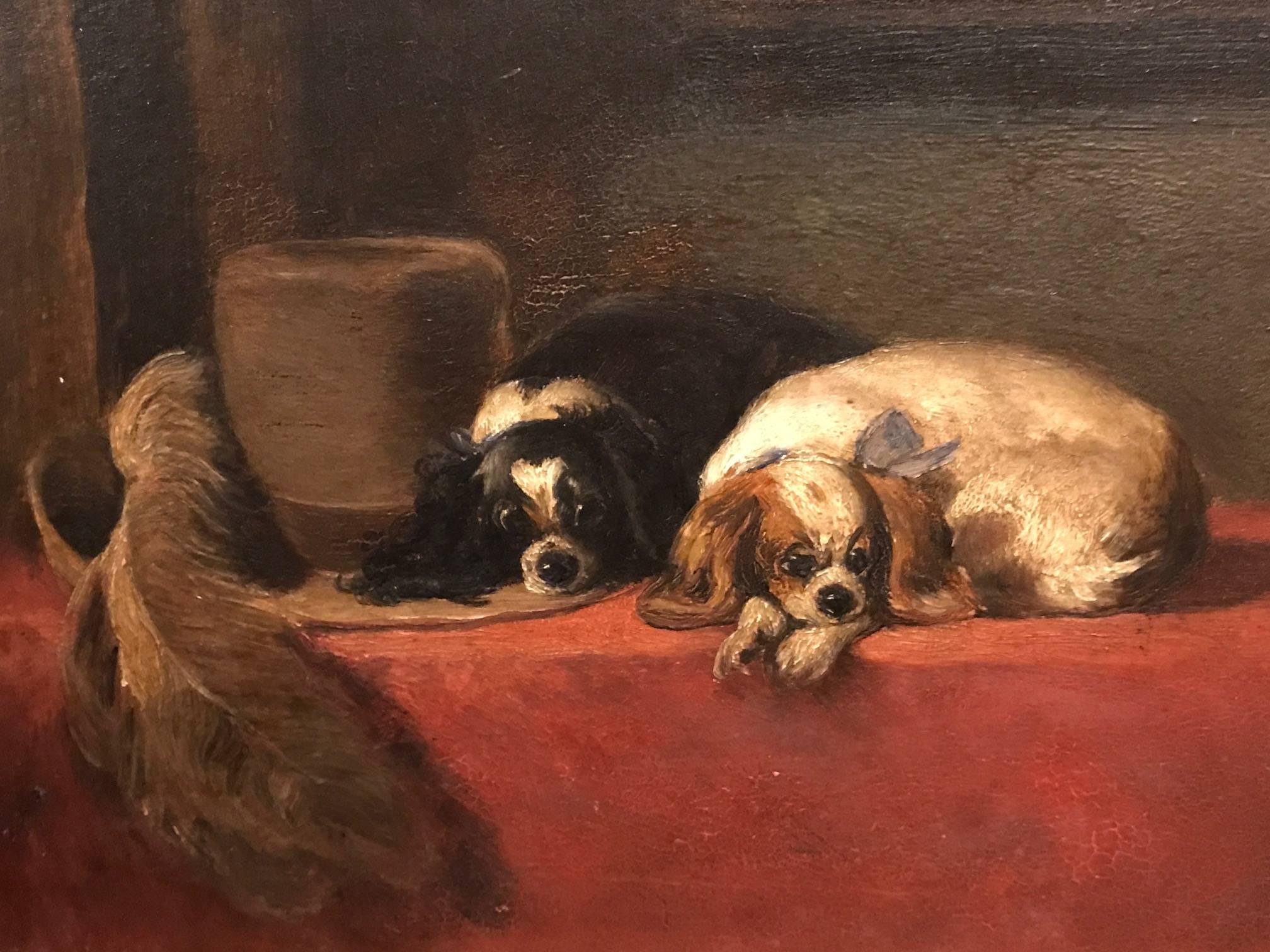 After Edwin Landseer Animal Painting - The Cavaliers Pets - Beautiful English Antique Oil Painting of Spaniels