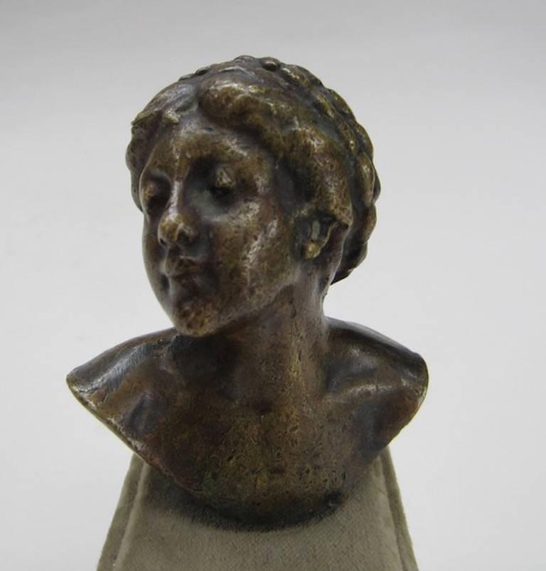 Brass Busy Portrait of Lady with Braided Hair - mounted on felt plinth - Impressionist Sculpture by Unknown