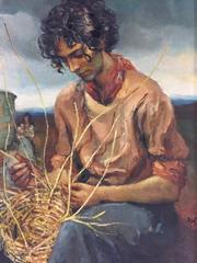 Vintage The Basket Weaver - Large Oil Painting Signed & Catalogued