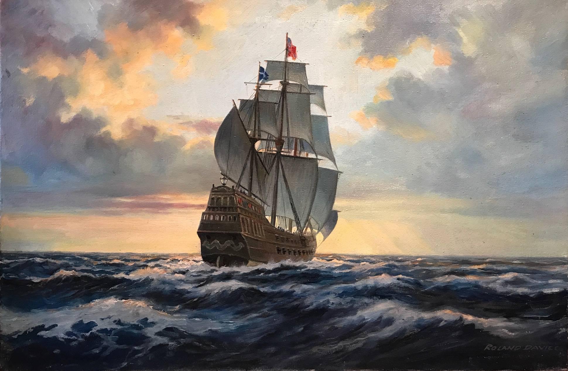 Roland Davies Landscape Painting - Into the Golden West - Large Oil Painting Spanish Galleon at Sea