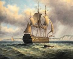 Napoleonic Warship in Seas off Coastline - Fine Oil Painting