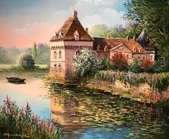 French Chateau with Waterlily Moat - Signed French Impressionist Oil Painting