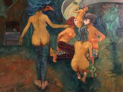 Vintage Surrealist Carnival Figures in Erotic Scene - Large Oil Painting