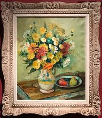 Antique Summer Flowers 
Fruit - Signed Oil Painting