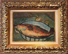 Mid 20th century French Post-Impressionist Oil Painting - Fish on Plate