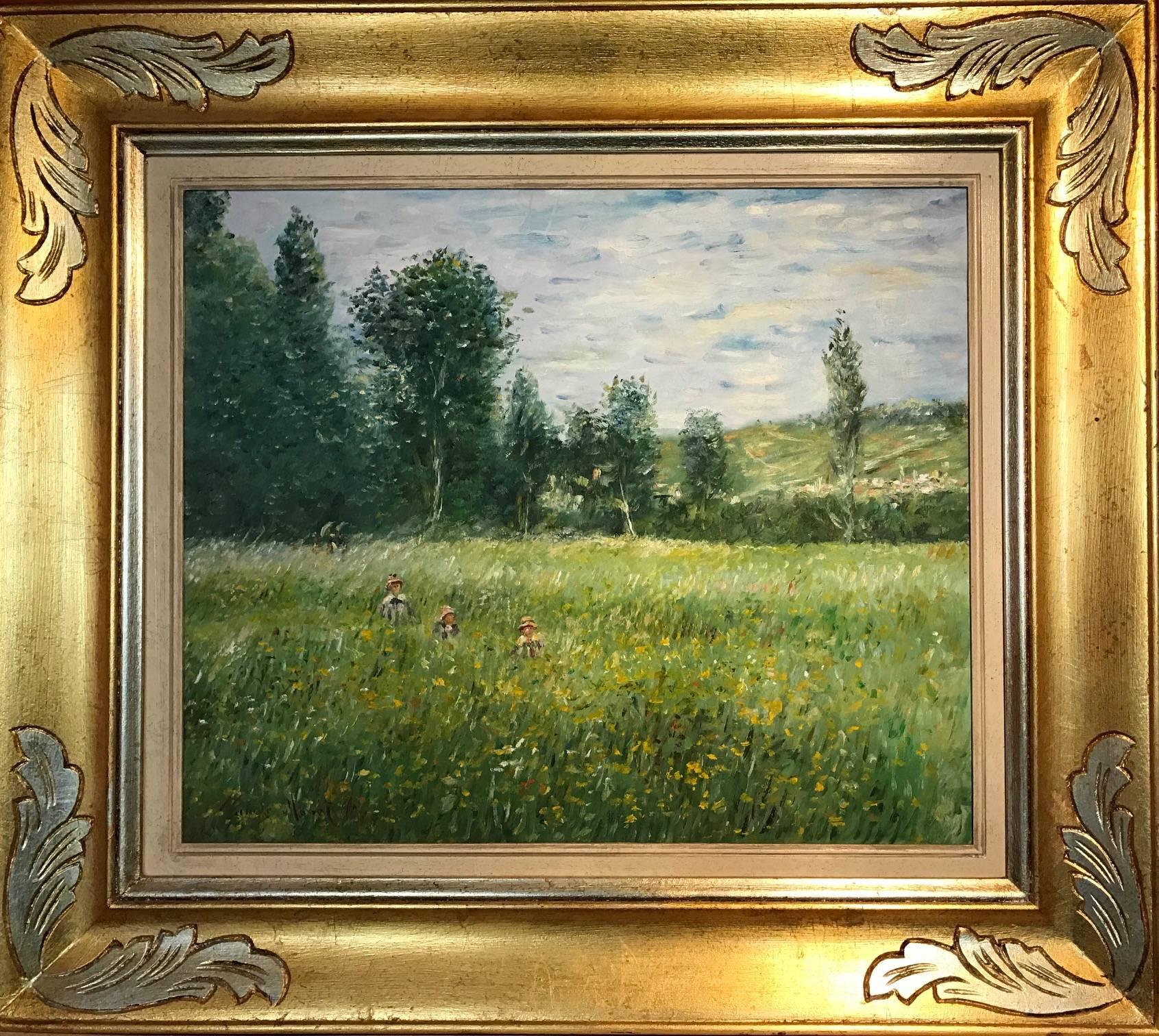 Unknown Landscape Painting - French Impressionist Oil Painting - Figures in Wild Flower Meadows