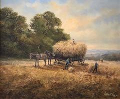Vintage Gathering the Harvest - Large Oil Painting, English artist