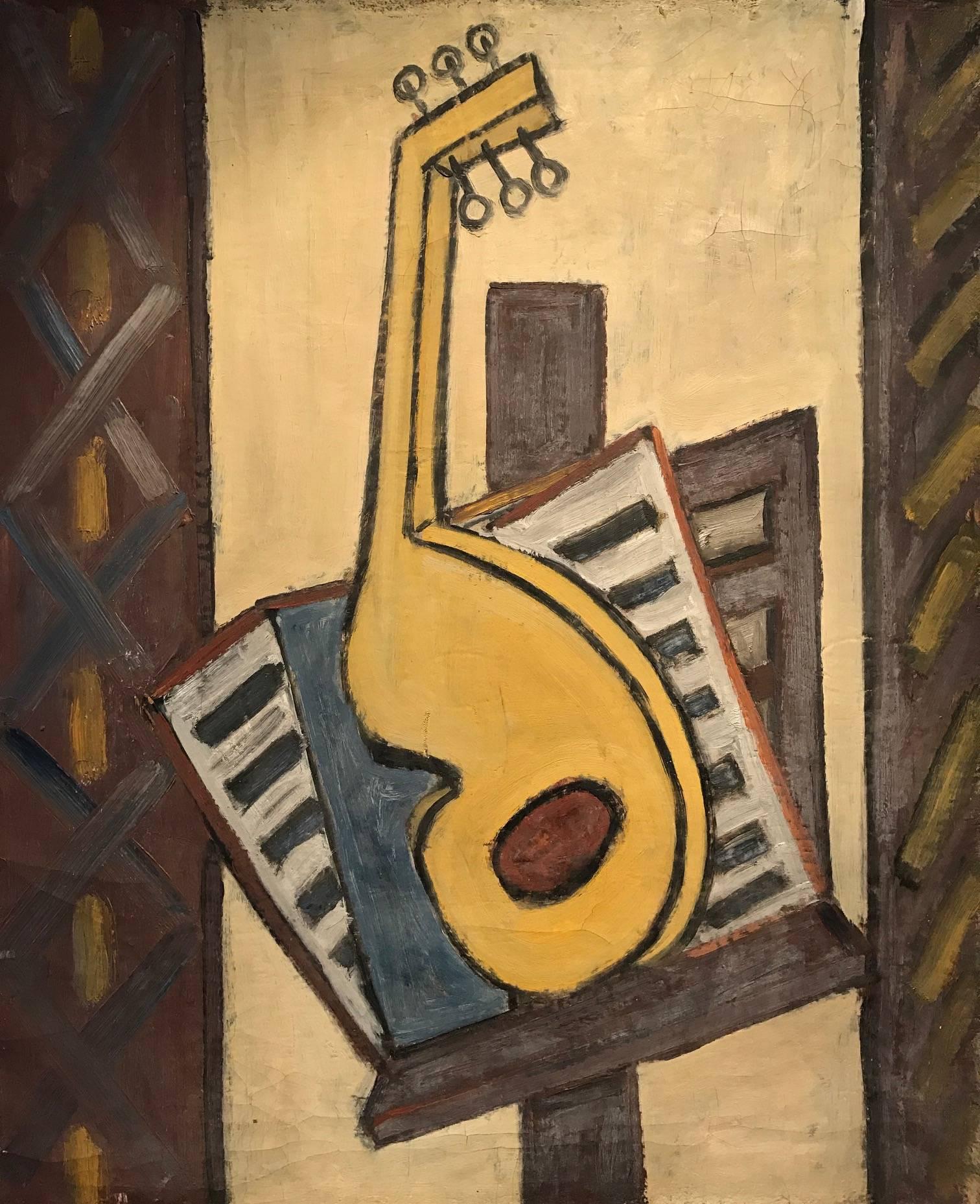 Unknown Abstract Painting - Cubist Oil Painting Guitar on Music Stand - Large French Original