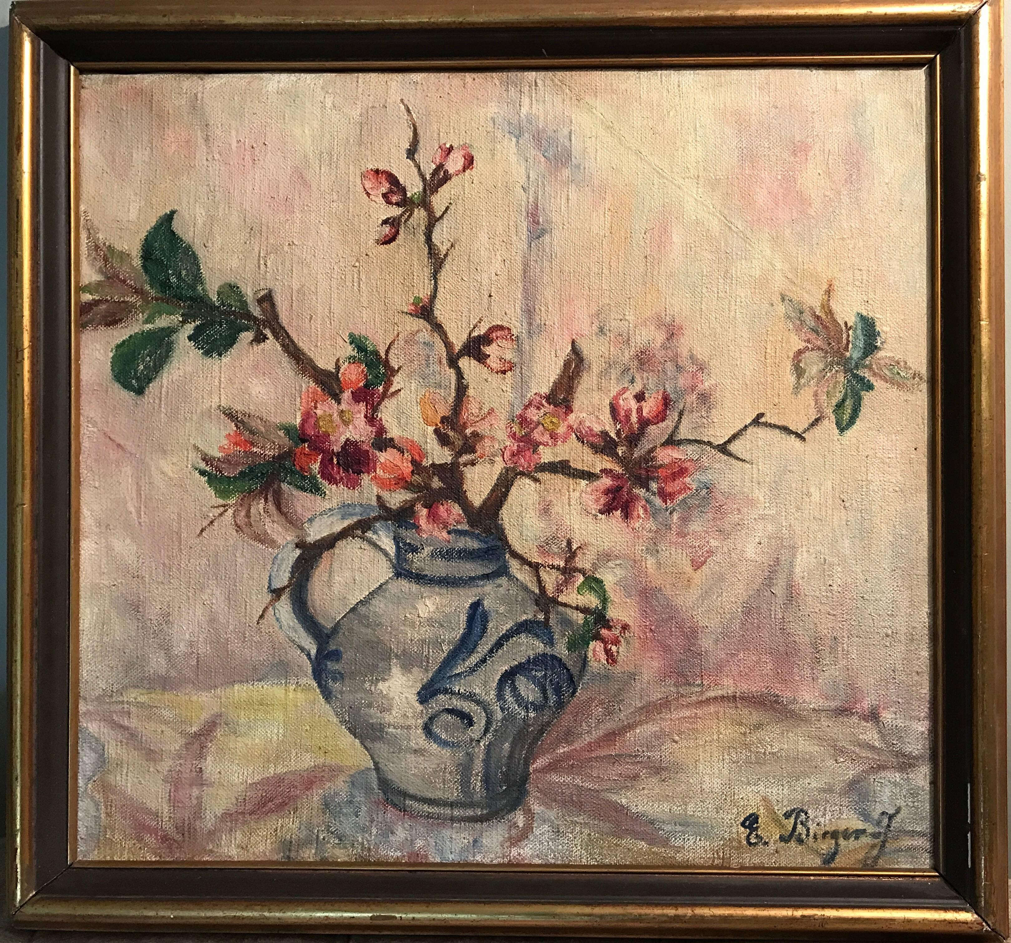 Unknown Still-Life Painting - Cherry Blossom in Oriental Vase - Signed Oil Painting