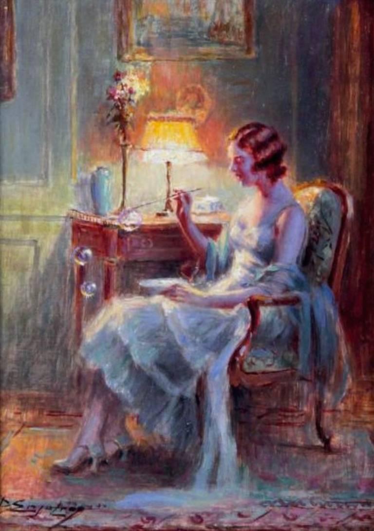 Signed Oil - Elegant Lady in Interior Blowing Bubbles - Impressionist Painting by Delphin Enjolras