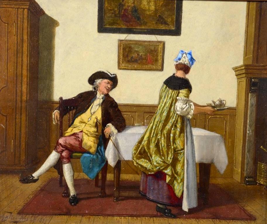 Alphonse Neumans Interior Painting - Tea Time Conversation - Antique Signed Oil Painting