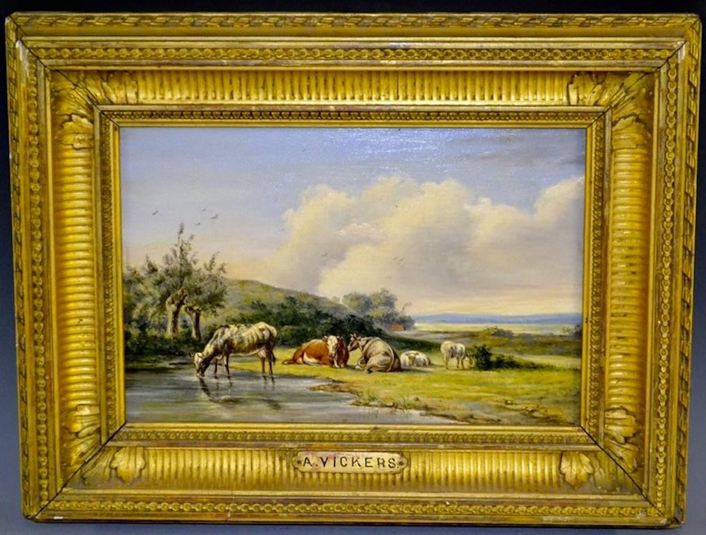 Alfred Vickers Landscape Painting - Victorian Oil Painting - Cattle Watering in Pastoral Landscape