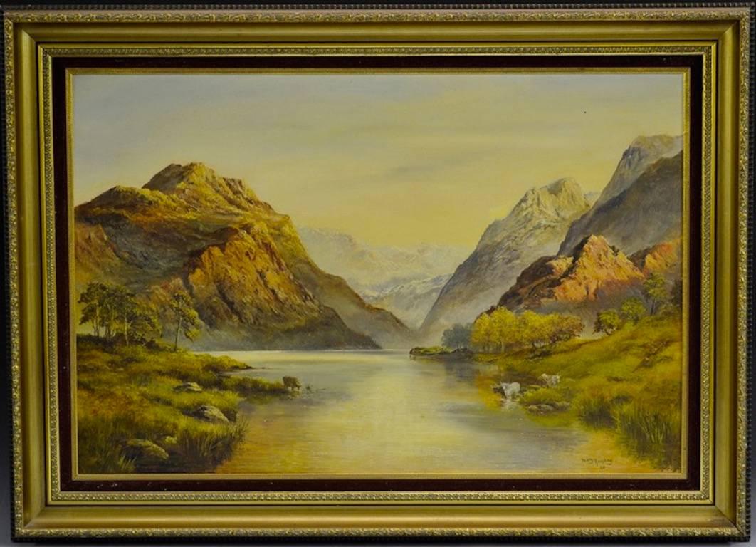 Barry Renshaw Landscape Painting - Highland Landscape with Cattle Watering in Loch