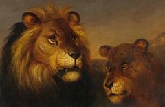 Antique Lion & Lioness in Sunset Landscape - Early Safari painting