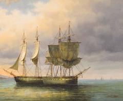 Napoleonic Warships Anchoring off Coast, Oil Painting