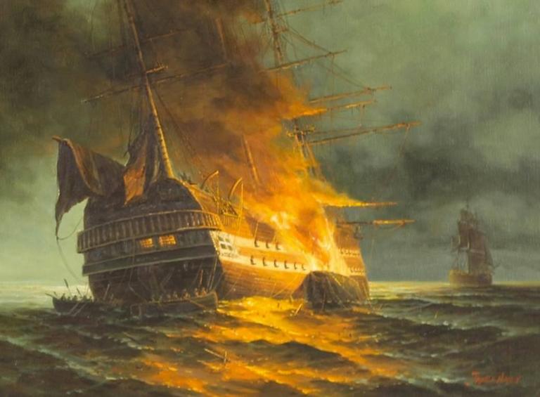 James Hardy Napoleonic Warship Ablaze At Sea Oil Painting At 1stdibs