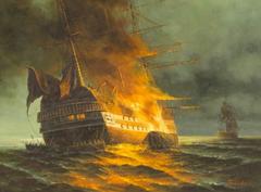 Napoleonic Warship Ablaze at Sea - oil painting