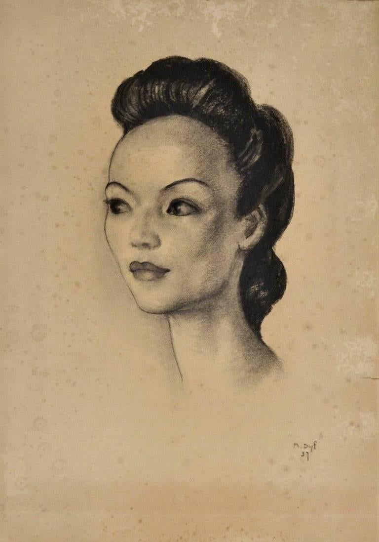 Marcel Dyf Portrait Painting - Signed Original Drawing - Portrait of Lady 1939