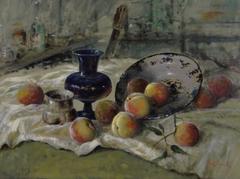 Still Life Peaches, Ceramic Bowls on Table Cloth Still Life Peaches, Ceramic Bowls on Table Cloth