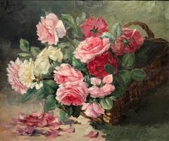 Summer Roses - Antique French Oil Painting