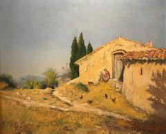 Antique French Impressionist Oil - Provencal Farmhouse with Chickens