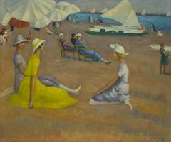 Antique Elegant Figures on Beach - Signed & dated