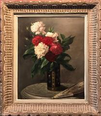 FINE ANTIQUE FRENCH FLOWER OIL PAINTING WITH ORIENTAL FAN